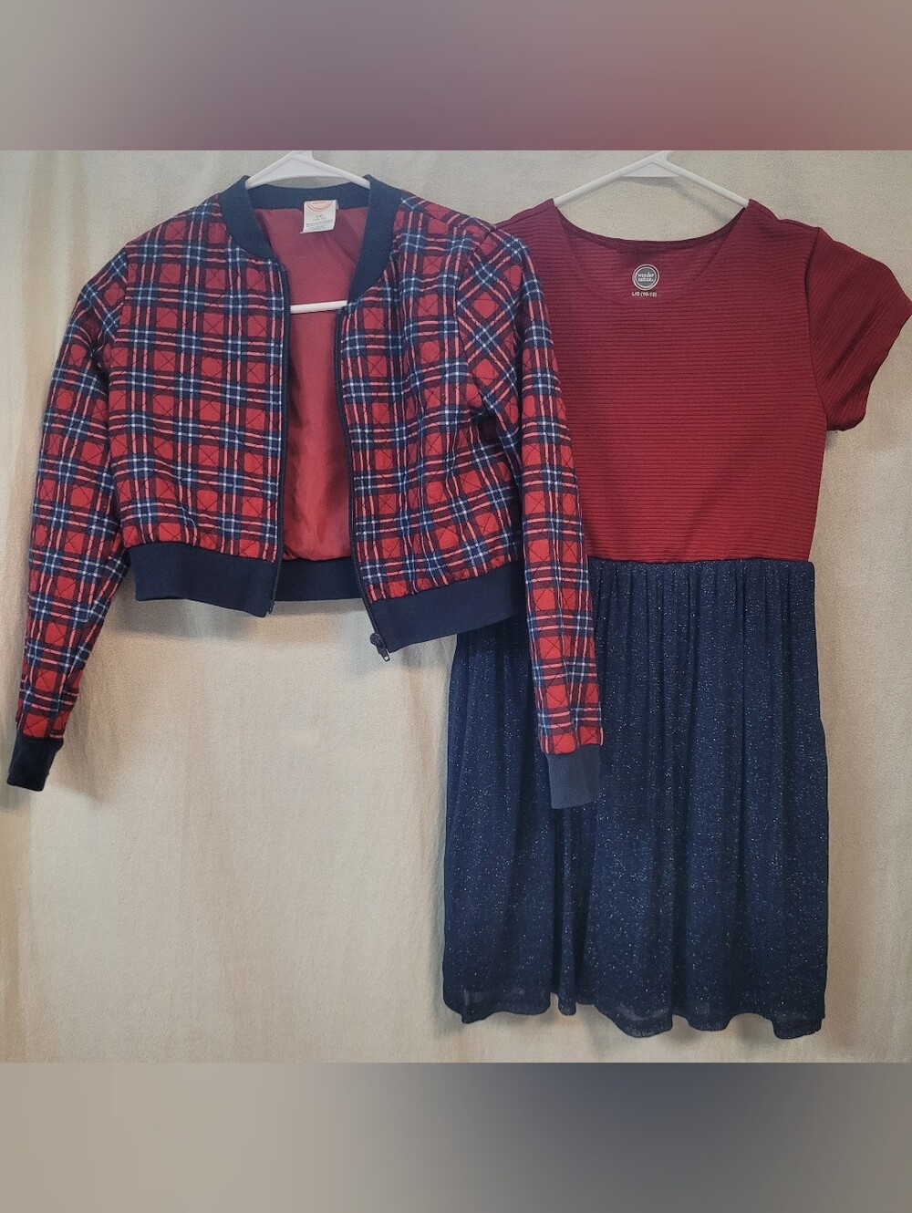 Red Plaid Jacket With Red & Navy Sparkle Dress, Girls 10/12, Festive Holiday
